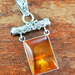 Sterling, amber and amethyst pendant